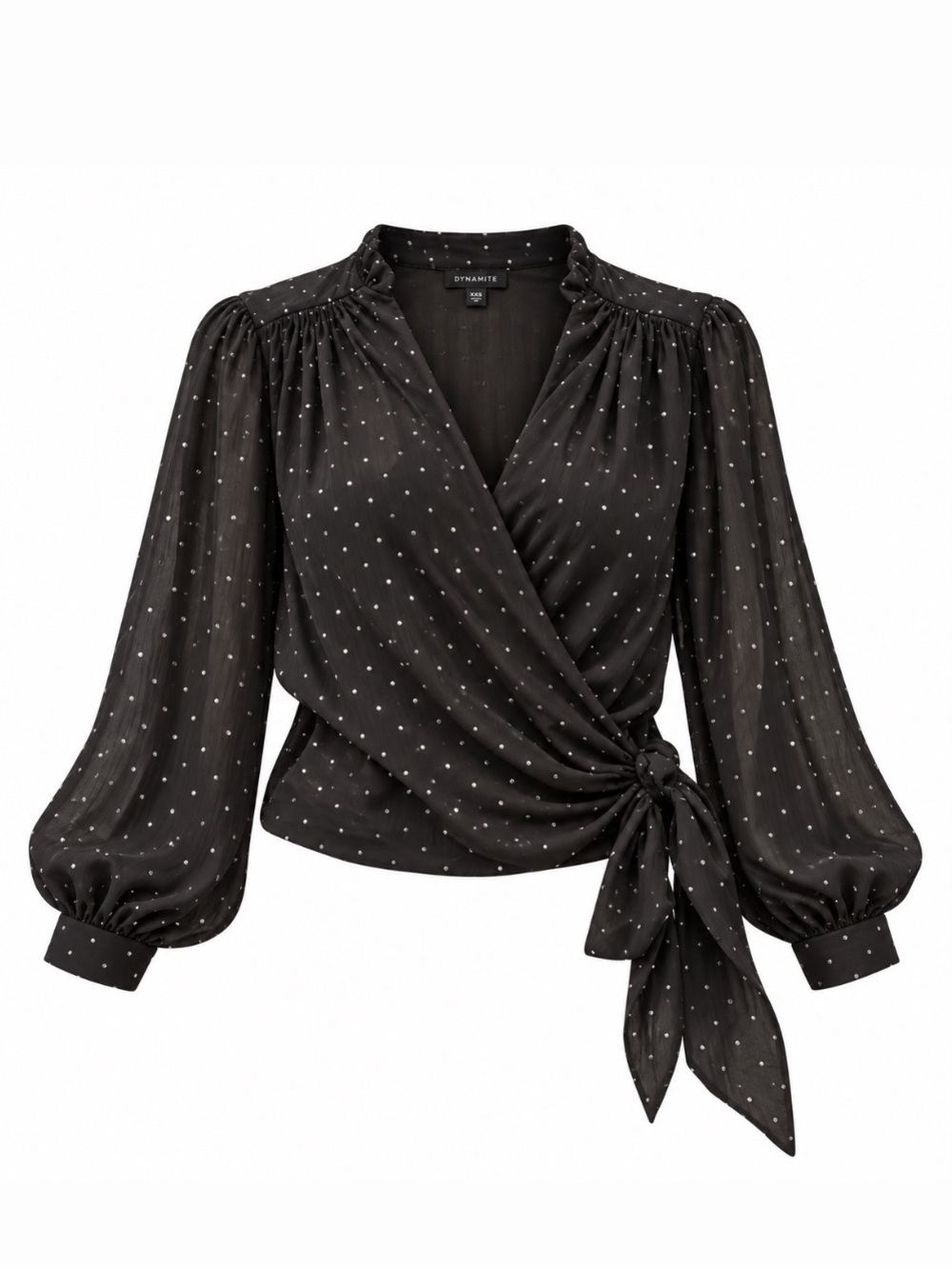 NWT Dynamite Silver and Black Polka Dot Wrap Tie Blouse | Size XXS